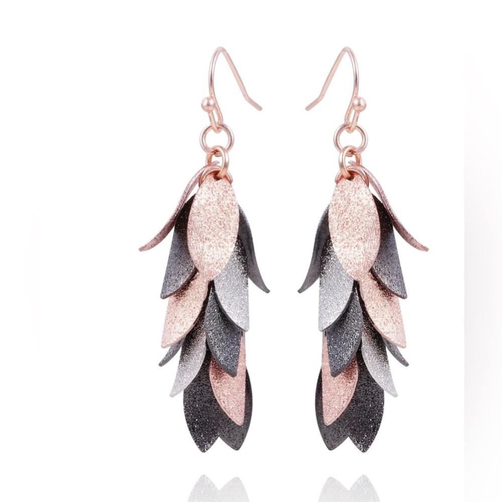 NWT Time and Tru Tri Tone Leaf Drop Earrings Rose Gold Silver Hematite